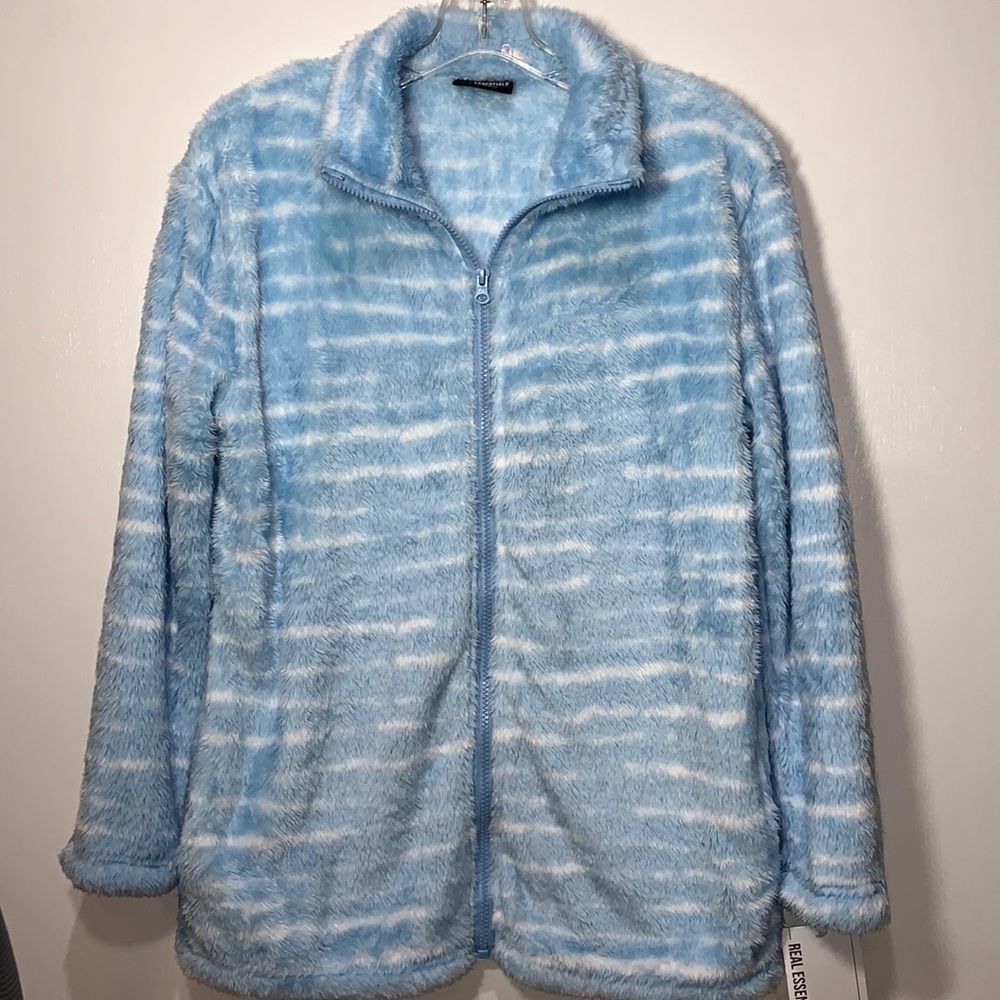 Real Essentials M Womens Minky Fleece Full Zip Jacket Baby Blue/White Stripes